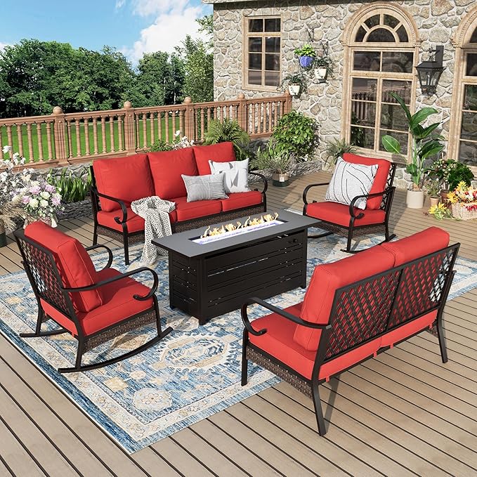 Patio Furniture Set with Fire Pit Table, Metal Outdoor Conversation Set with 5.75'' Extra Thick Cushion, 2 Rocking Chairs, Loveseat Sofa, 3-Seat Sofa and Gas Fire Pit Table, Red