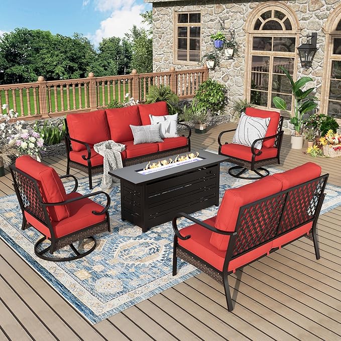 Patio Furniture Set with Fire Pit Table, Metal Outdoor Conversation Set with 5.75'' Extra Thick Cushion, 2 Swivel Chairs, Loveseat Sofa, 3-Seat Sofa and Gas Fire Pit Table, Red