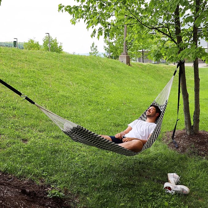 Bliss Hammocks Brazilian Style Rope Hammock, 34 Inch Wide Bed with Braided Rope Ends & Zinc-Coated Hardware - 350 Pound Capacity, Blue/Natural