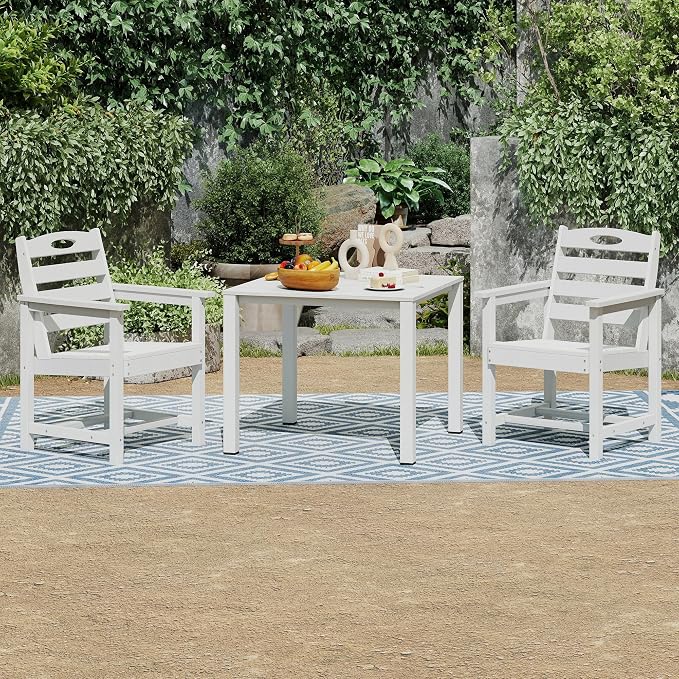 Domi HDPE Outdoor Dining Set, All-Weather Outdoor Dining Table Set of 3 with 2" Umbrella Hole, Outdoor Patio Dining Set for Garden, Poolside, Backyard, Deck, White
