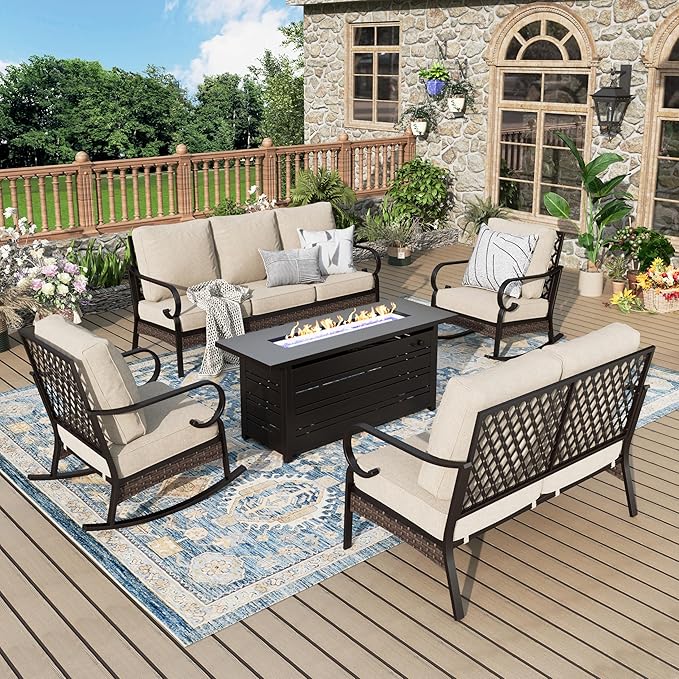 Patio Furniture Set with Fire Pit Table, Metal Outdoor Conversation Set with 5.75'' Extra Thick Cushion, 2 Rocking Chairs, Loveseat Sofa, 3-Seat Sofa and Gas Fire Pit Table, Beige