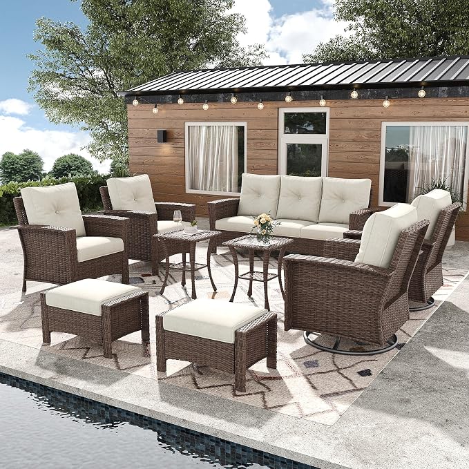 9 Pieces Outdoor Patio Furniture Set, Wicker Patio Sectional Set Conversation Wicker Swivel Chairs with Small Side Table