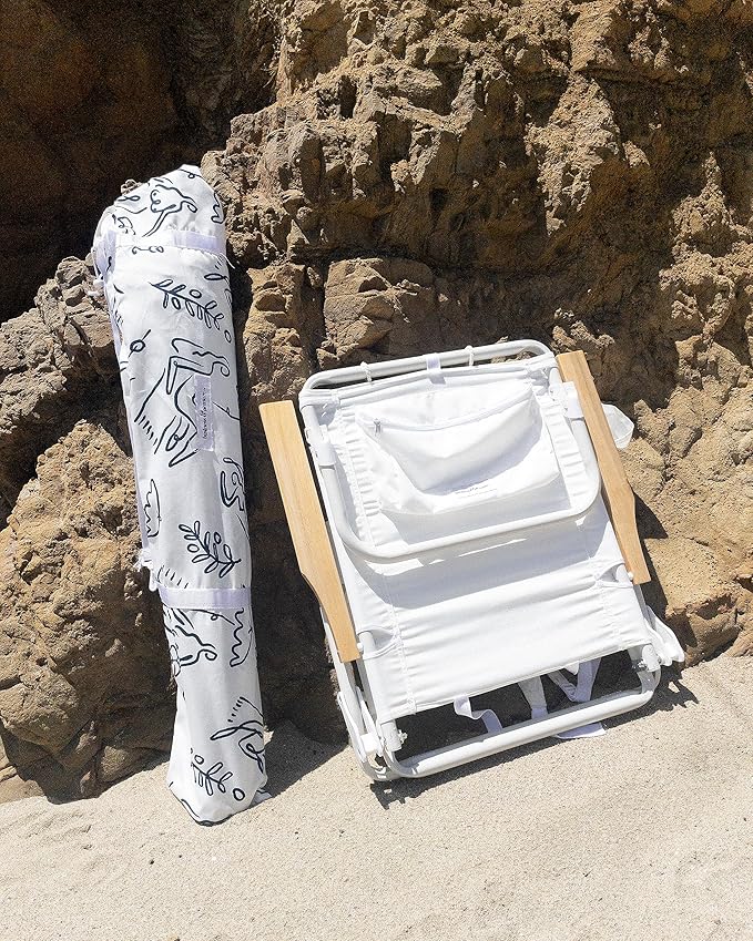 Business & Pleasure Co. Holiday Umbrella - Boho Beach Umbrella with White Fringe, UPF 50+, 1" Tilting Wood Pole, 5’ x 6.5’, Le Basque Navy