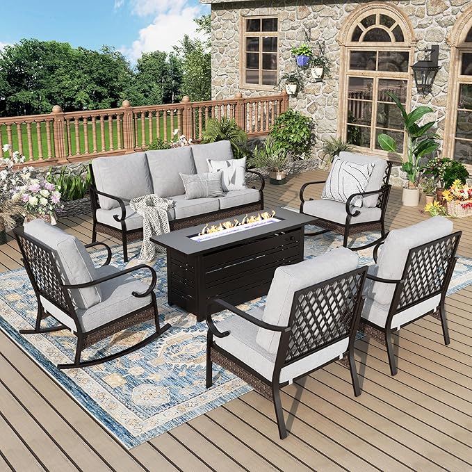 Patio Furniture Set with Fire Pit Table, Metal Outdoor Conversation Set with 5.75'' Extra Thick Cushion, 2 Swivel Chairs, 2 Leg Chairs, 3-Seat Sofa and Gas Fire Pit Table, Light Grey