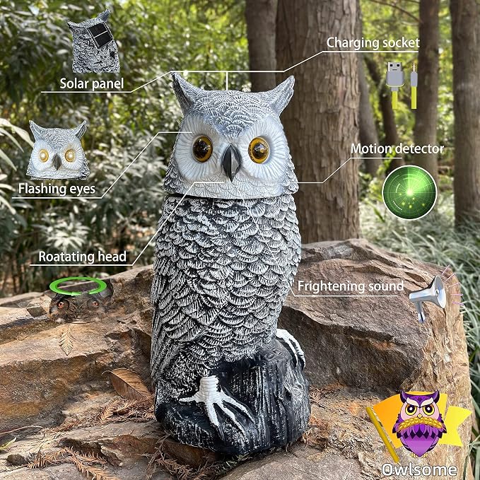 Owlsome Solar Snowy Owl with Flashing Eyes, Rotating Head, Hooting, Motion Detector and Silent Mode, Plastic Owl Garden Sculpture, Garden Decoration