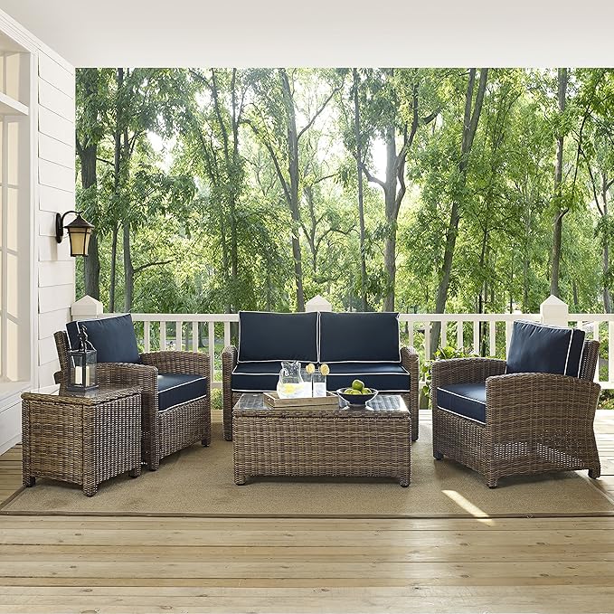 Crosley Furniture Bradenton 5-Piece Outdoor Loveseat Patio Furniture Set, Wicker Conversation Sets for Porch, Brown with Navy Cushions