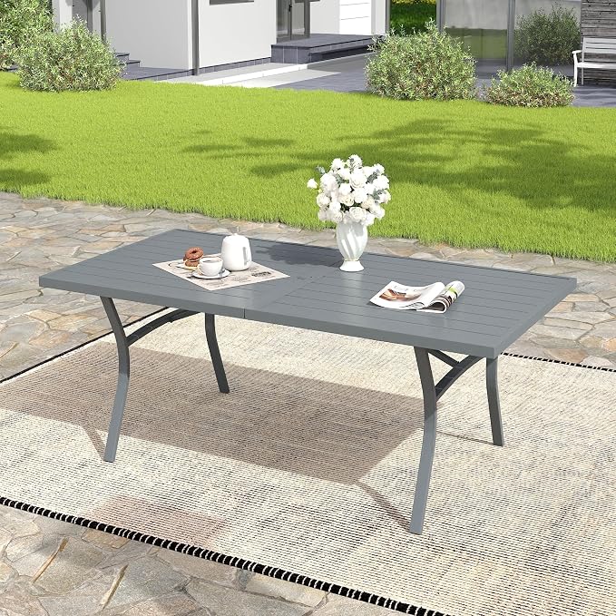 VICLLAX 63" Patio Dining Table for 6, Outdoor Rectangular Metal Table with Umbrella Hole for Porch Backyard Garden Deck, Dark Grey