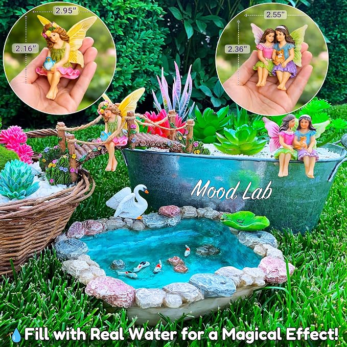 Mood Lab Fairy Garden Figurines - Fish Pond & Bridge - Miniature Decor Set (6 pcs) - Statues & Accessories - Outdoor & Indoor Garden Decor