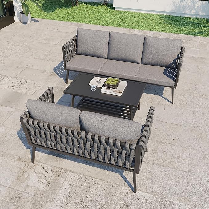 HOMREST Metal Patio Furniture Set, 3 Pieces Outdoor Aluminum Woven Rope Bistro Set with 3-Seater Sofa, Loveseat, Coffee Table, Modern Patio Conversation Set for Balcony, Garden, Yard (5 Seats, Grey)