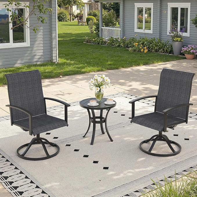 3 Pieces Small Patio Dining Set, Outdoor Furniture of 18.5" Round Patio Side Table & Patio Swivel Chairs for Backyard Lawn Garden, Black Table and Black Chairs