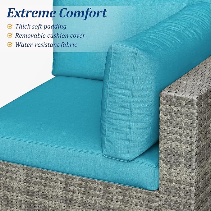 RoyalCraft 7-Piece Modular Patio Furniture Set, Wicker Outdoor Sectional Sofa with Cushions and Coffee Table, All Weather Patio Conversation Sets for Porch Balcony Backyard, Light Blue