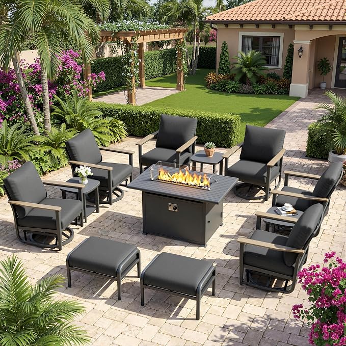 Aluminum Patio Swivel Rocking Chair Outdoor Bistro Set, 12pcs Patio Conversation Set Outdoor Patio Furniture Set with High Backrest & Thickened Cushions for Garden, Deck and Balcony, Dark Grey