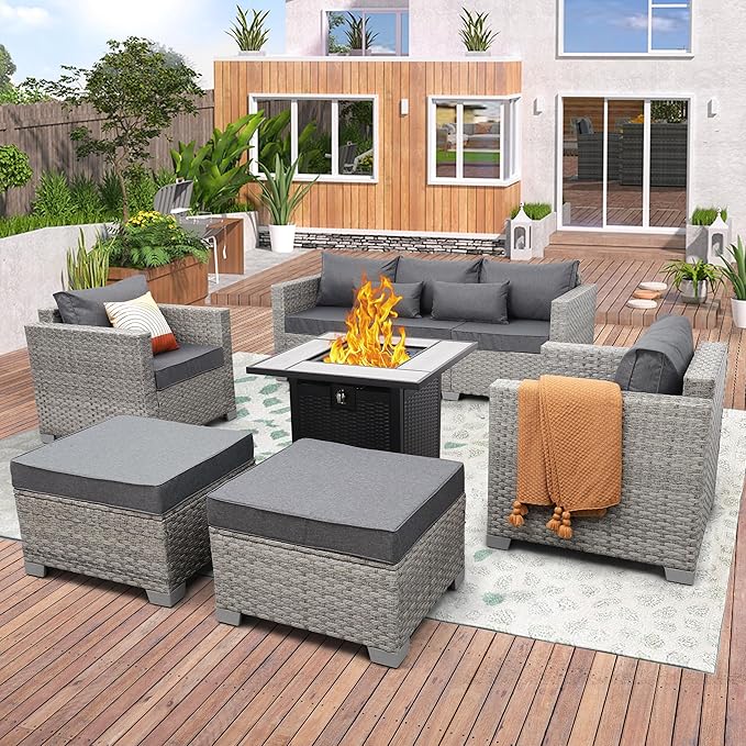 WAROOM Patio Furniture Set 6 Piece PE Rattan Outdoor Conversation Sets Grey Wicker Couch Sectional Sofa with 30" Fire Pit Table and Grey Cushion