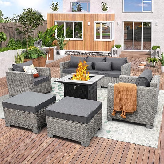 WAROOM Patio Furniture Set 6 Piece PE Rattan Outdoor Conversation Sets Grey Wicker Couch Sectional Sofa with 30" Fire Pit Table and Grey Cushion