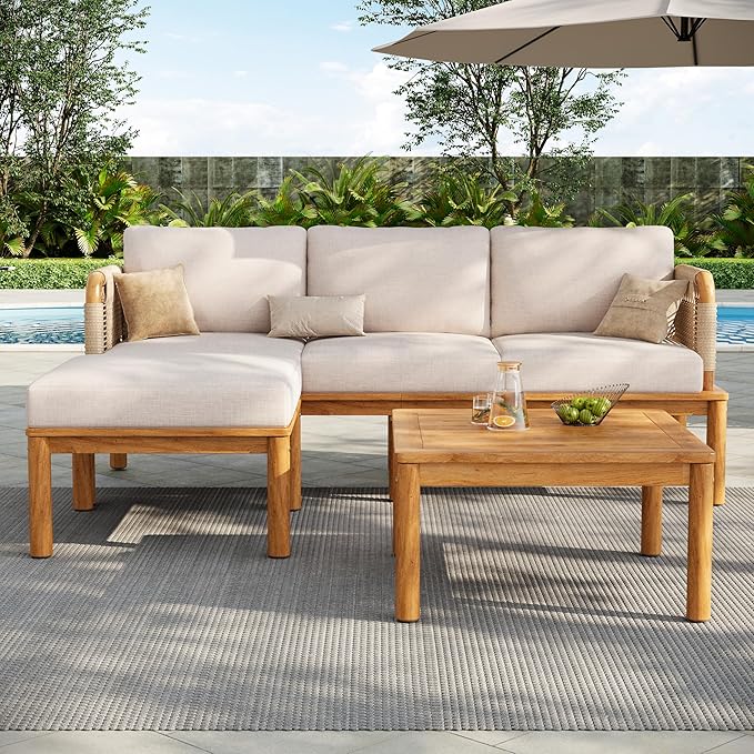 Christopher Knight Home Coby 3-Piece Acacia Wood Patio Furniture Set, Outdoor Conversation Sofa Set with Coffee Table and Ottoman, Patio Sectional Chat Set for Backyard or Balcony, Teak+Beige