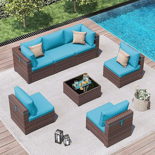 Amopatio Patio Furniture Sets with Waterproof Cover 7 Pieces Patio Conversation Set Outdoor Sectional Wicker Rattan Sofa,Patio Furniture with Pillows Fits Porch Garden Backyard Balcony(Sky-Blue)