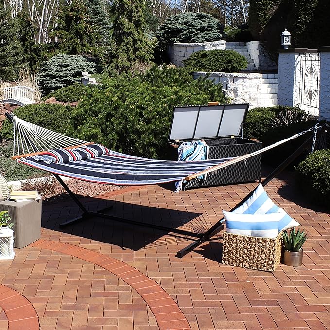 Sunnydaze Quilted Double Hammock with Stand for Outside - 350-Pound Capacity 2-Person Hammock with Stand - 12-Foot Stand - Nautical Stripe