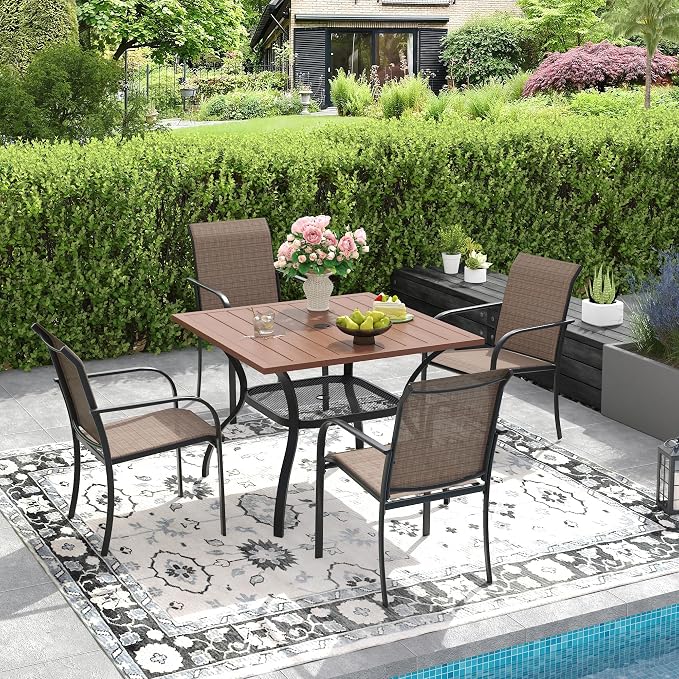 DIFY 5 Pieces Outdoor Dining Table Chair Set, Patio Dining Set with 1 Walnut Square Curved Legs Table with and Umbrella Hole & 4 Brown Stackable with Armrests Chairs for Lawn, Garden, Porch