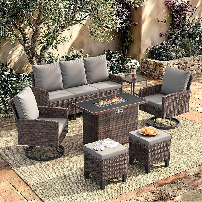 Amopatio Patio Furniture Set with Fire Pit Table,7 Pieces Conversation Sofa with 360° Swivel Chairs, All Weather Wicker Outdoor Furniture for Backyard Garden Pool Deck,Grey