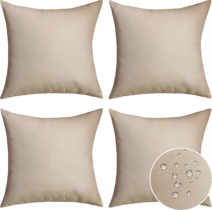 Home Brilliant Linen Pillow Covers 16x16 Waterproof Outdoor Pillows for Patio Pillow Covers, 16 inch, 40 cm, 4 Pcs, Light Linen