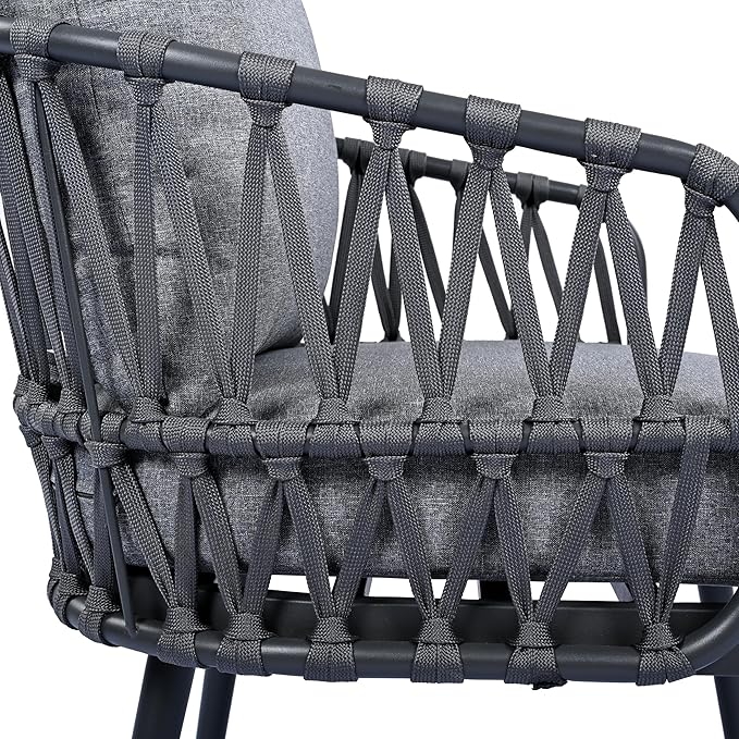 Montary 4-Piece U-Shaped Outdoor Patio Conversation Set - Metal Chairs with Woven Rope Design, Includes Acacia Coffee Table & Thick Cushions for Garden,Poolside, Balcony, Backyard (Gray)