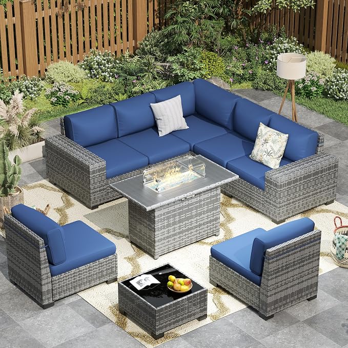 Patio Furniture with Fire Pit Table,8‘’ Wide armrest Outdoor Sectional Rattan Sofa Set, Wicker Patio Furniture Sets w/Coffee Table,Thick Cushions and Cover for Porch, Deck, 9 PC (Grey&Navy)