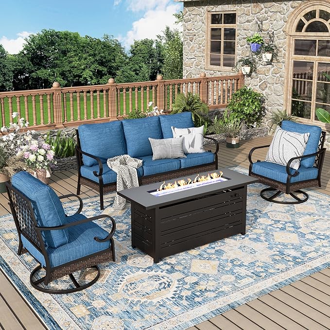 Patio Furniture Set with Firepit Table, Black Frame Outdoor Conversation Set with 2 x Swivel Chairs, 1 x 3-Seat Sofa for Lawn Garden Backyard, Pacific Blue