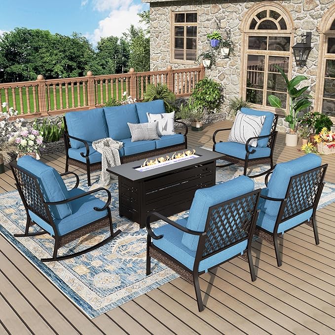 Patio Furniture Set with Fire Pit Table, Metal Outdoor Conversation Set with 5.75'' Extra Thick Cushion, 2 Rocking Chairs, 2 Leg Chairs, 3-Seat Sofa and Gas Fire Pit Table, Navy Blue