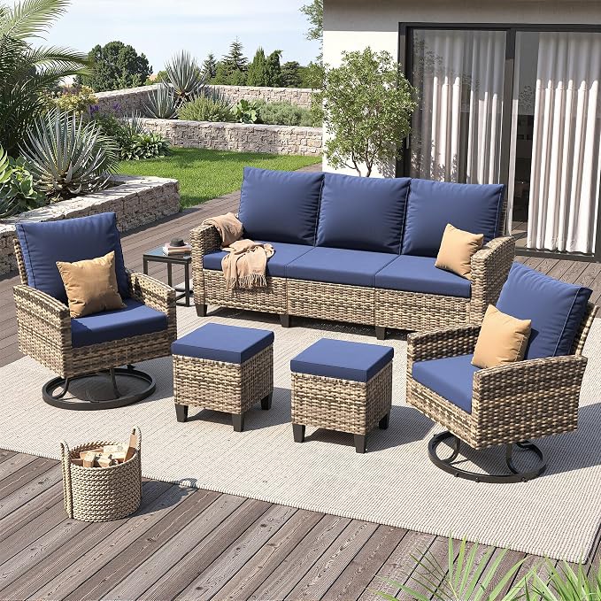 UDPATIO Patio Furniture Set, 6 Pieces Outdoor Conversation Sets with Swivel Chairs, All-Weather Wicker Rattan Patio Sofa with Ottomans and Glass Side Table for Backyard, Deck, Porch, Navy/Yellow