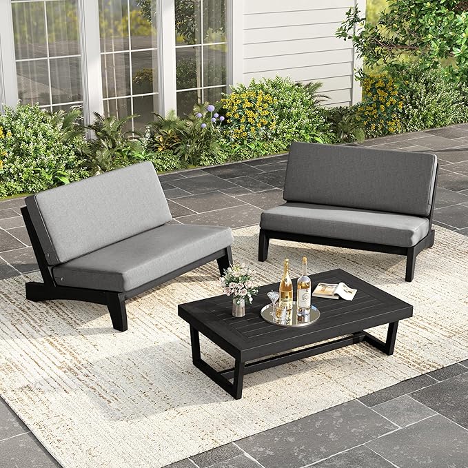UIXE Black Wood Patio Furniture Sets, 3 Pieces All Weather Patio Loveseat Sofa Outdoor Sectional Futniture Backyard Conversation Set with Solid Wooden Coffee Table - Light Gray