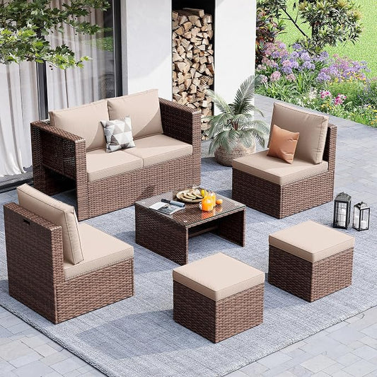 Amopatio Patio Furniture Set, Space-Saving Nestable All-Weather Wicker Outdoor Conversation Set with Glass Coffee Table, Cushions & Ottomans for Deck Backyard Porch Lawn Khaki