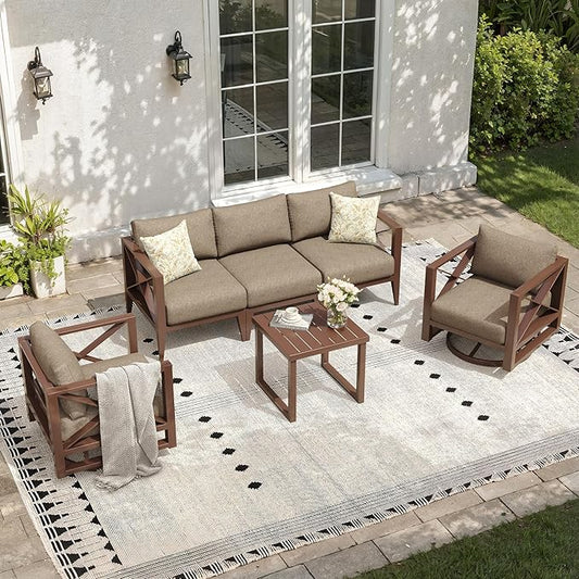 Aluminum Patio Furniture Set,5-Seats Patio Sectional Conversation Sofa with 5.2" All-Weather Cushions and 2 Swivel Rocking Chairs,Outdoor Furniture Set for Deck, Porch, Garden (Brown)