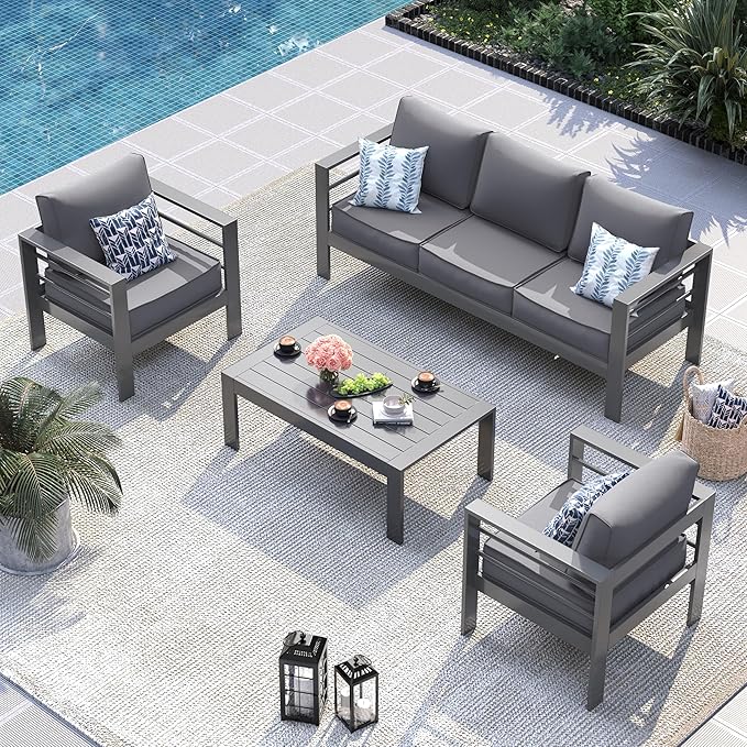 UDPATIO Aluminum Patio Furniture Set, 4 Pieces Outdoor Conversation Set with Waterproof Covers, All-Weather Modern Sectional Sofa for Patio, Deck, Backyard, Dark Grey/Dark Grey