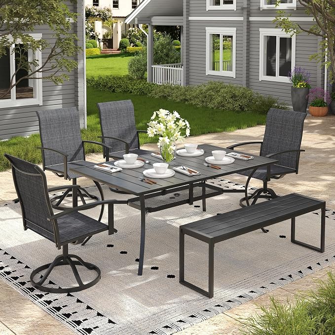 6 Pieces Patio Dining Set with Outdoor Bench, 59.2" Rectangular Patio Dining Table and Swivel Chairs for 6-7 People, Outdoor Furniture Set for Garden Deck, Black