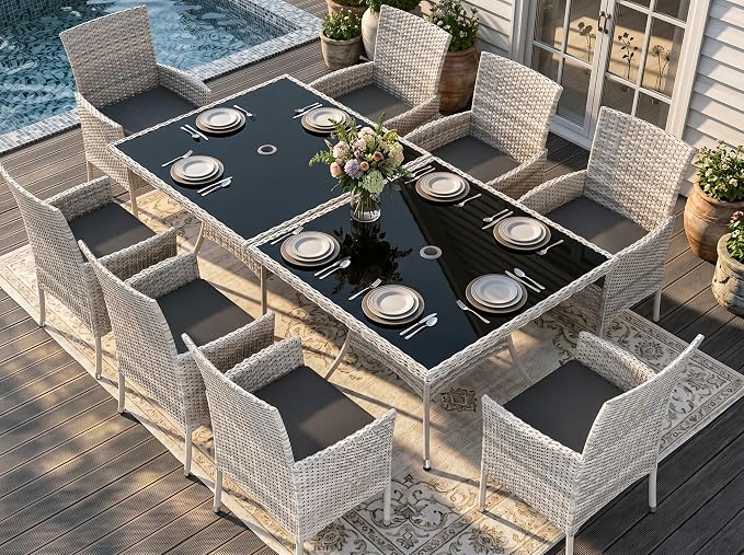 Outdoor Dining Set, 10-Piece Patio Furniture Set with Tempered Glass Table and 8 Cushioned Chairs, Dual-Strand Wicker Rattan, Balcony Furniture for Backyard, Garden, Deck,– Black