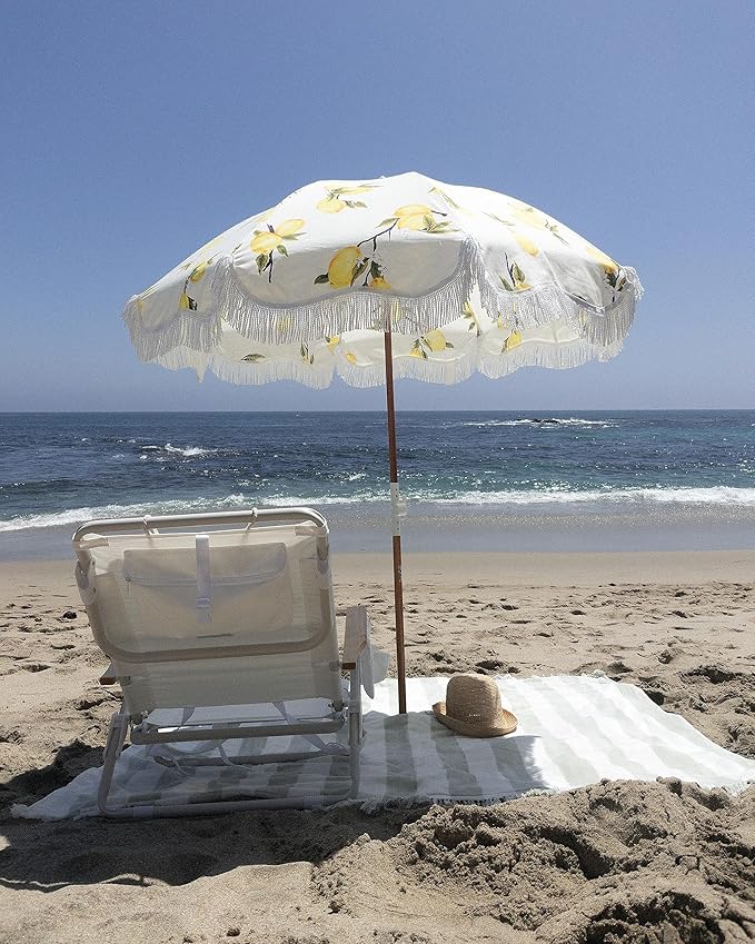 Business & Pleasure Co. Holiday Umbrella - Boho Beach Umbrella with White Fringe, UPF 50+, 1" Tilting Wood Pole, 5’ x 6.5’, Vintage Lemons