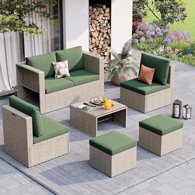 Amopatio Patio Furniture Set, All-Weather Wicker Outdoor Conversation Set with Glass Coffee Table, Cushions & Ottomans for Deck Backyard Porch Lawn Green