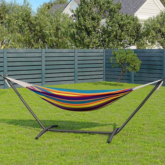 GarveeLife Double 2 Person Hammock, Indoor Outdoor Standing Hammock with Space Saving Steel Stand, Carry Bag, 450 LBS Weight Capacity, Suitable for Garden Camping Beach, Tropical