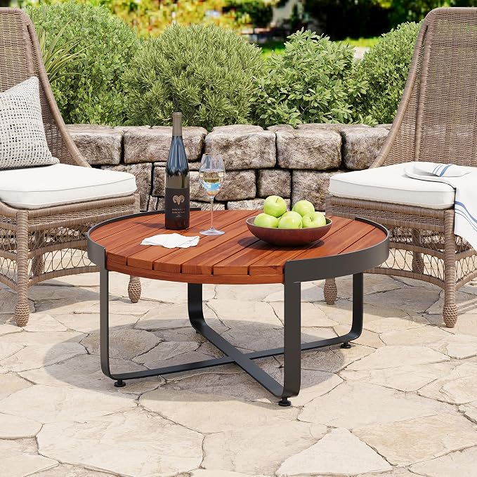 Merax Outdoor Coffee Table 31.5" Round Acacia Wood Tabletop with Metal Frame for Patio, Garden & Poolside, Modern Industrial Style
