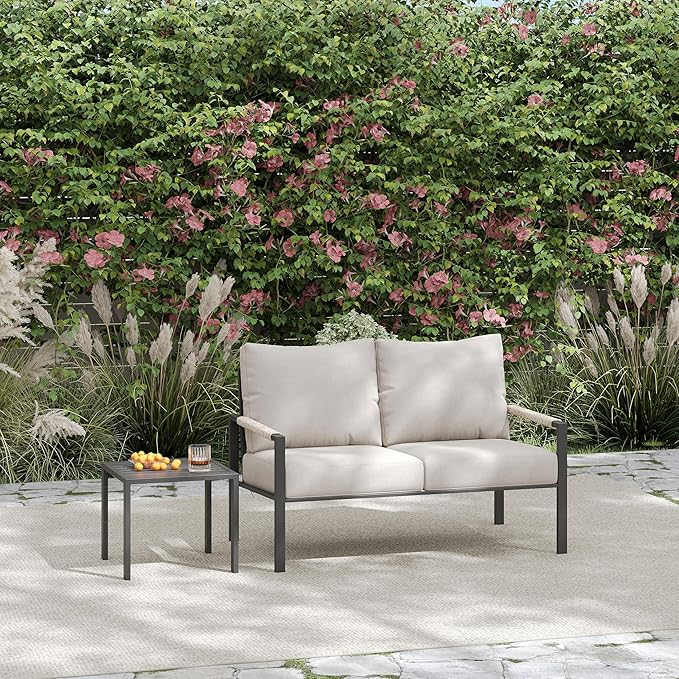 2 Pieces Rattan Outdoor Furniture Set, All-Weather Patio Loveseat with Warm Grey Cushions and Coffee Table for Garden, Backyard, Balcony, Poolside
