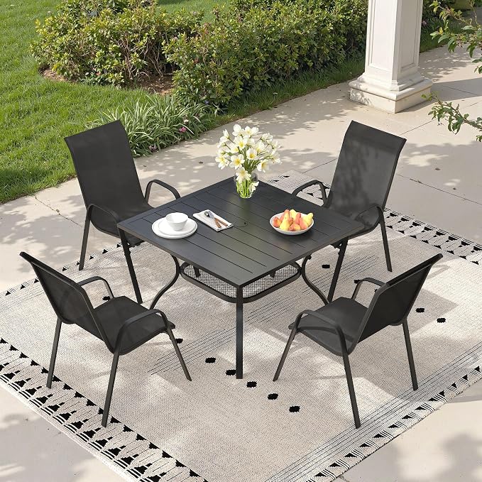5 Pieces Outdoor Dining Set, 37.8" Square Table with Umbrella Hole & Stackable Patio Dining Chairs, Patio Table and Chairs Set for Deck Garden Porch, Black Chairs & Black Table