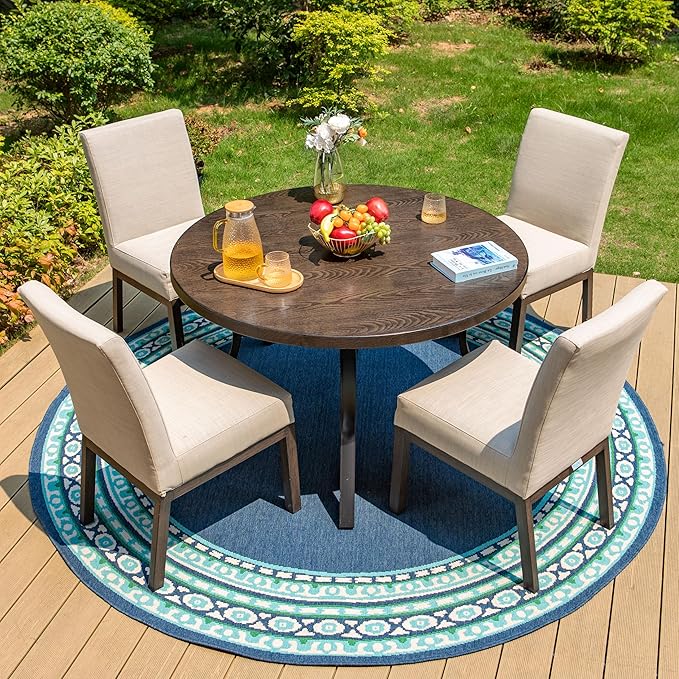 HERA'S HOUSE 5-Piece Patio Dining Set, 4 Metal Cushioned Chairs, Beige | 44" round wood-look metal table, Umbrella hole, E-coated and powder-coated steel frame, All-weather design