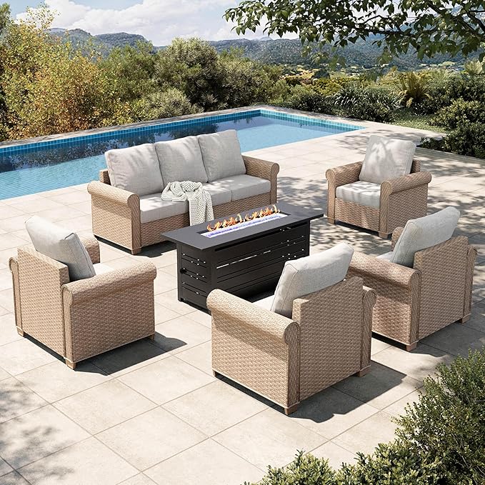 HERA'S HOUSE 6-Piece Patio Furniture Set, All Weather 7 Seats Outdoor Wicker Sofa with 57" Fire Pit Table, 5.5" Thick Waterproof Cushion Conversation Couch Set for Garden Deck Backyard, Beige