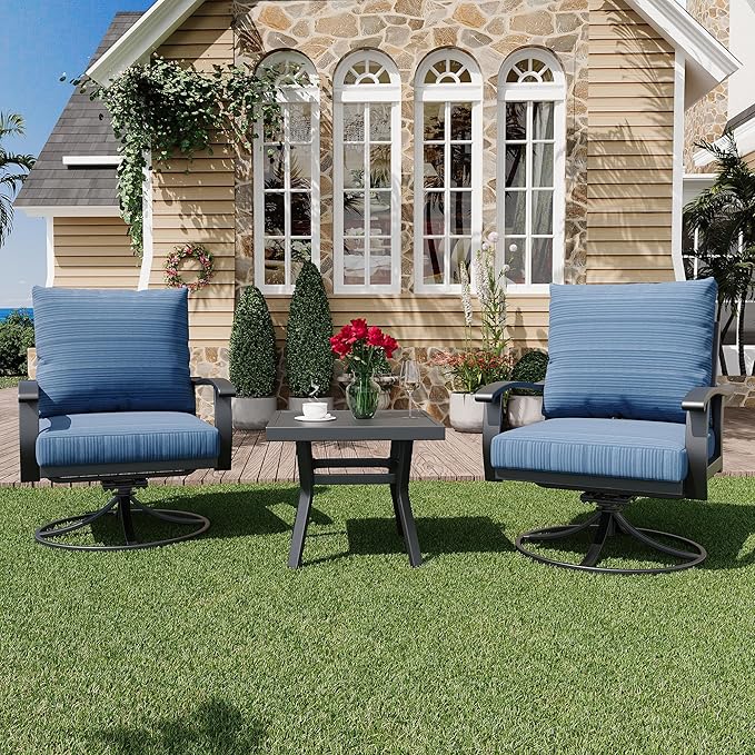 HOMREST Outdoor Swivel Rocker Patio Chairs with Coffee Table 3 PCS Bistro Set, 360 Degree Swivel Rocking Chair Patio Conversation Set with Thickened Cushions for Garden, Deck and Poolside
