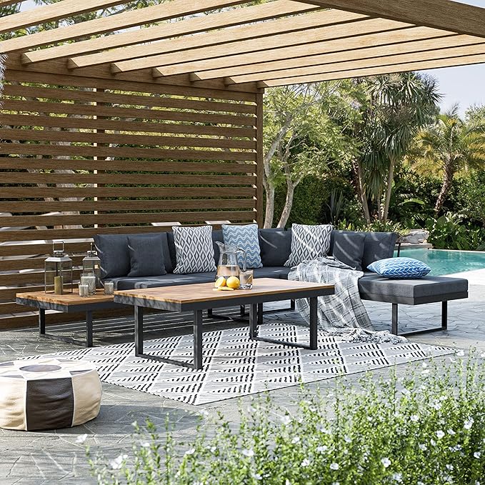Greemotion 3-Piece San Jose Metal Modular Outdoor Sectional, Patio Furniture Set Certified 100% Teak Wood Patio Conversation Set, Gray