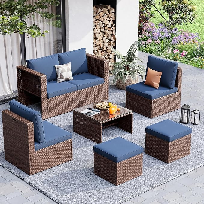 Amopatio Patio Furniture Set, Space-Saving Nestable All-Weather Wicker Outdoor Conversation Sofa Set with Glass Coffee Table, Cushions & Ottomans for Deck Backyard Porch Lawn Navy Blue