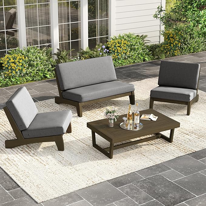 UIXE Wood Patio Furniture Sets, 4 Pieces All Weather Outdoor Sectional Futniture Patio Sofa Chair Backyard Conversation Set with Solid Wooden Coffee Table - Light Gray