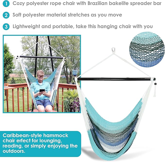 Sunnydaze Lagoon Stripes Woven Double Hammock with Crocheted Edges/Spreader Bars and Soft-Spun Polyester Rope Hanging Hammock Chair