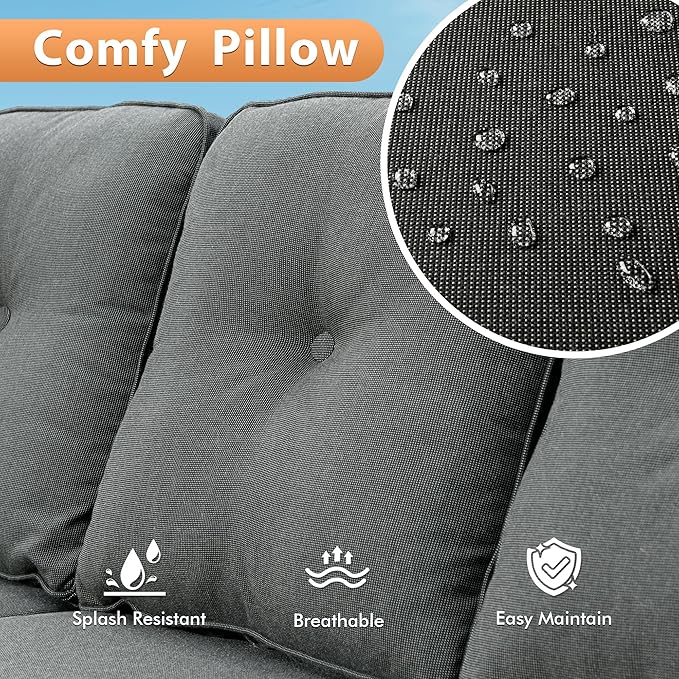 6 PCS Outdoor Patio Furniture Sets,Patio Conversation Sets Outside Rattan Soft Cushion Sofa with 2 Wicker Rocking Chairs & 54 in Fire Pit Table Fit Backyard Porch Garden Poolside Balcony,Black
