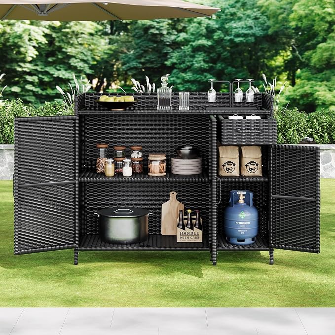 47.5" W Wicker Outdoor Storage Cabinet with Tempered Glass Desktop, Adjustable Shelf, Drawer, and Three Doors – Weather-Proof Rattan Bar Table for Outdoor Cushions and Pool Toys